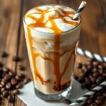A refreshing glass of Iced Caramel Macchiato topped with caramel drizzle and whipped cream